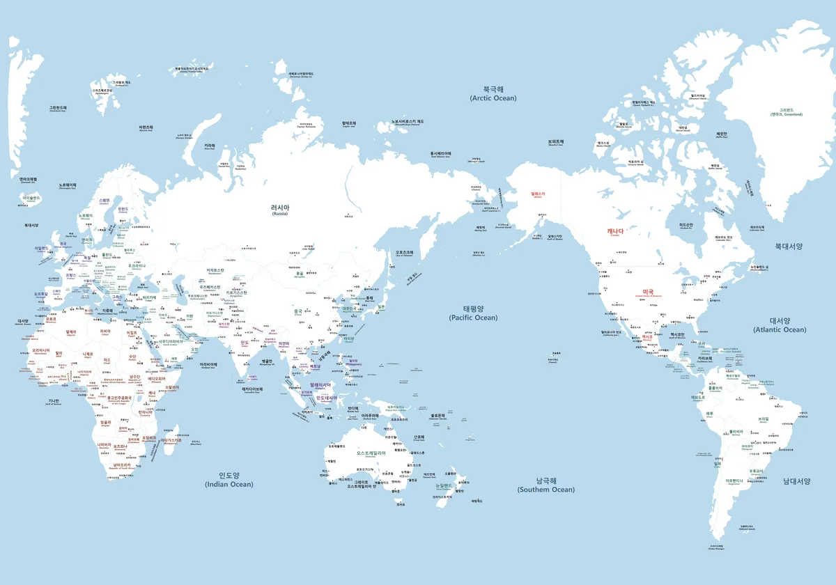 국가명이 한글과 영어로 표기된 세계 지도 이미지