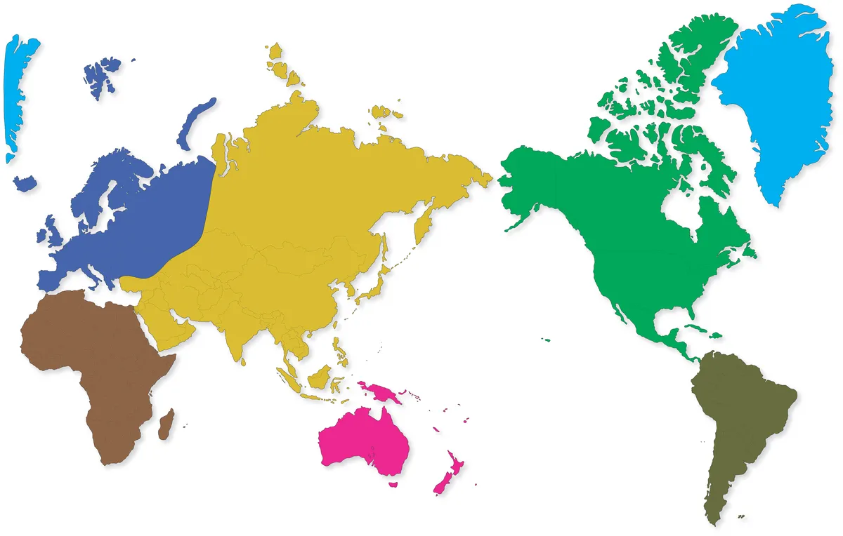 대륙별로 구분된 세계 지도 이미지