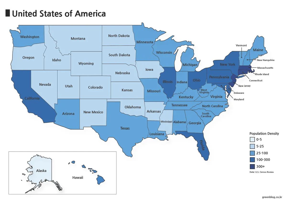 미국 주별 인구 밀도 지도 5단계 색상 구분 (동북부 고밀도, 알래스카 저밀도 표시)