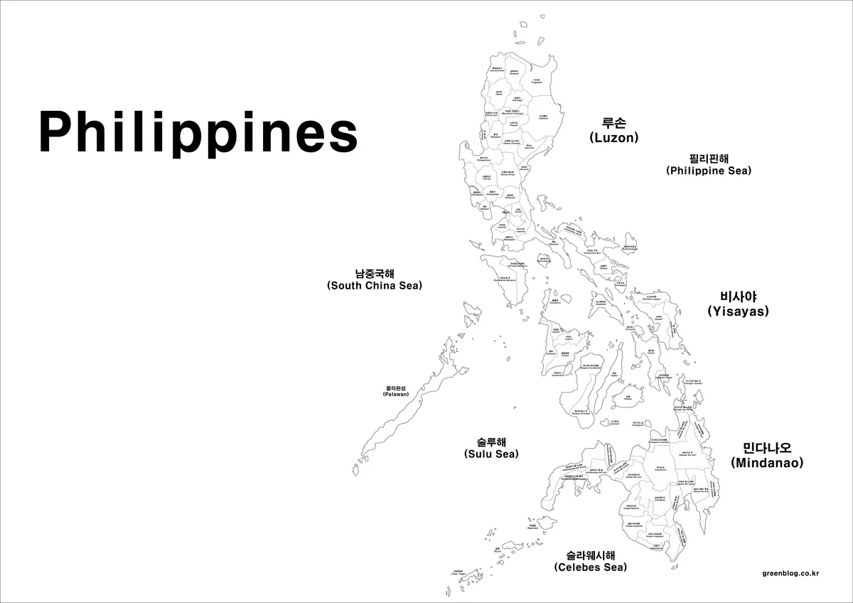 배경이 제거되어 흑백 인쇄에 맞춘 필리핀 지도 이미지