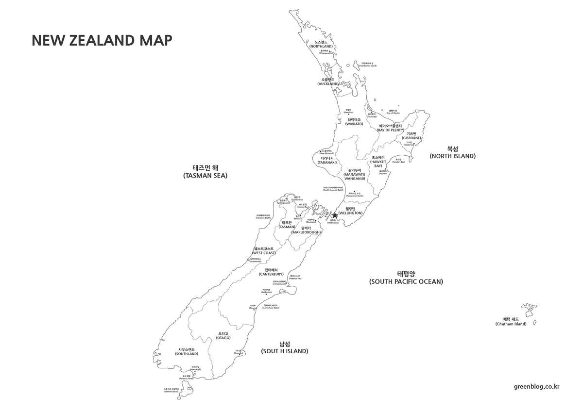 흑백으로 표현된 뉴질랜드 행정 구역 지도
