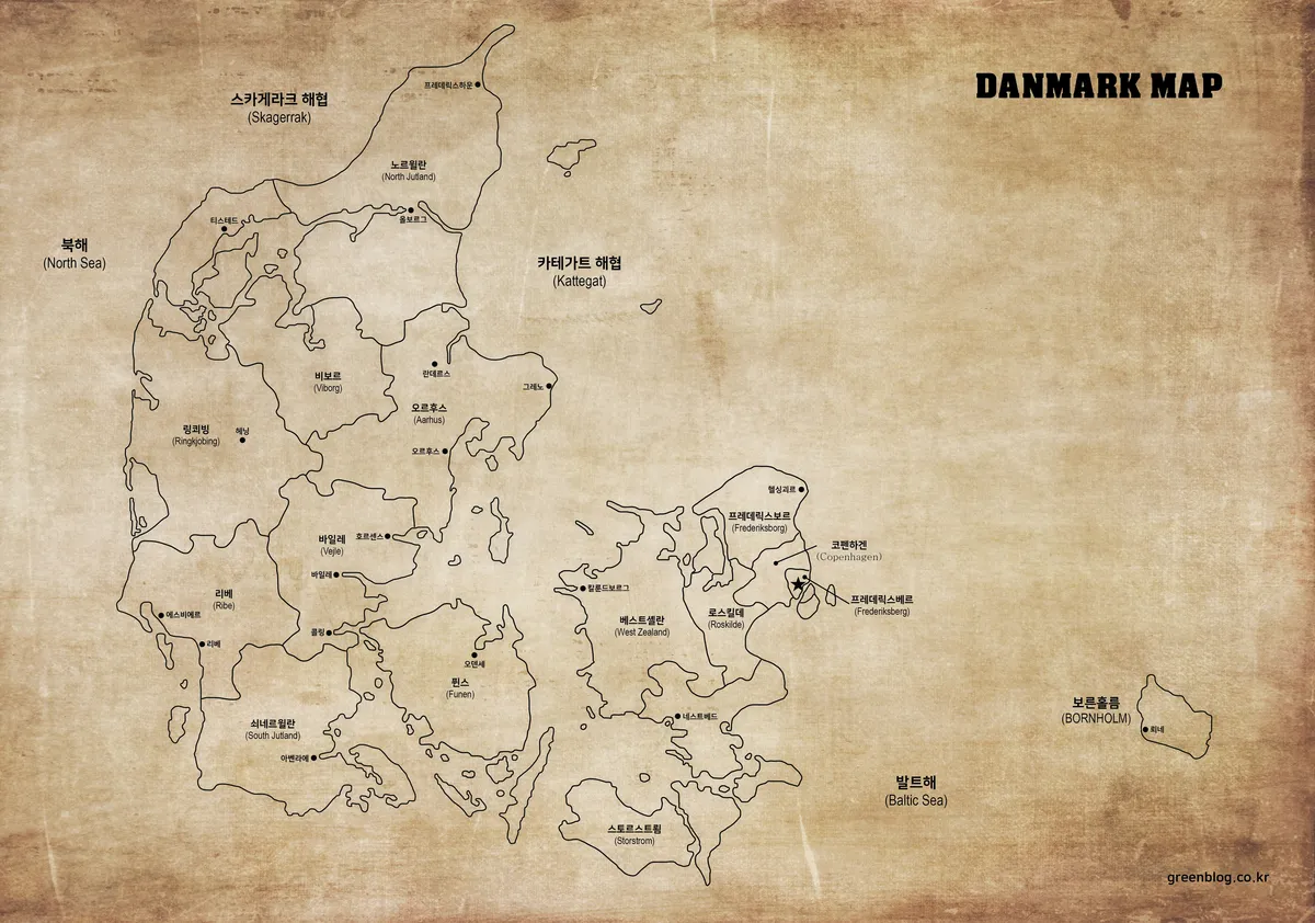 고풍스러운 종이 질감을 적용한 덴마크 스타일 지도 이미지