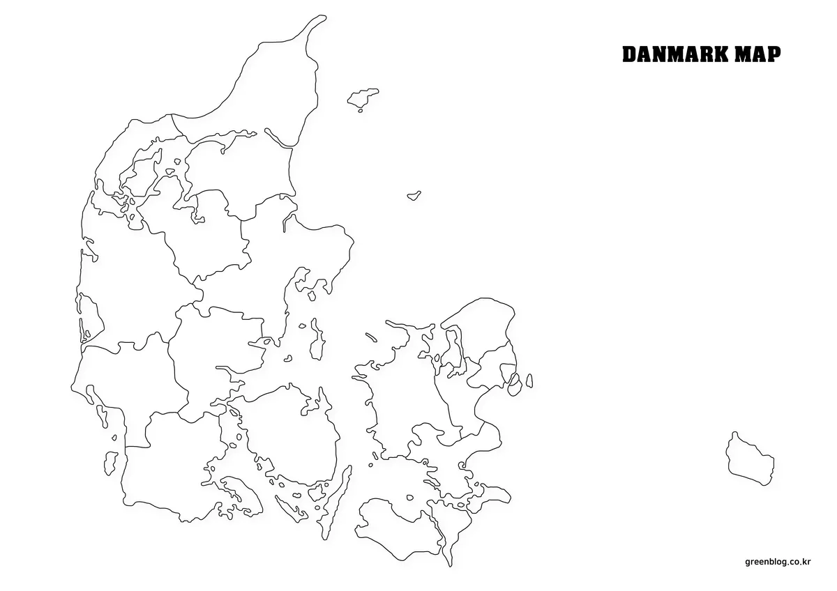 행정 구역 외곽선만 표시된 덴마크 윤곽선 지도