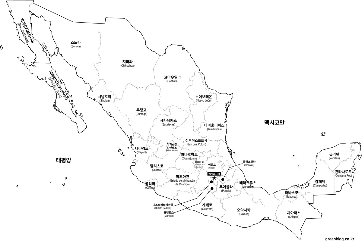 텍스트와 색상을 제거한 멕시코 흑백 지도 이미지
