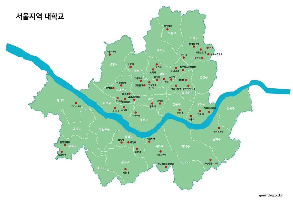 서울 전역에 분포한 대학교 위치가 표시된 지도 이미지