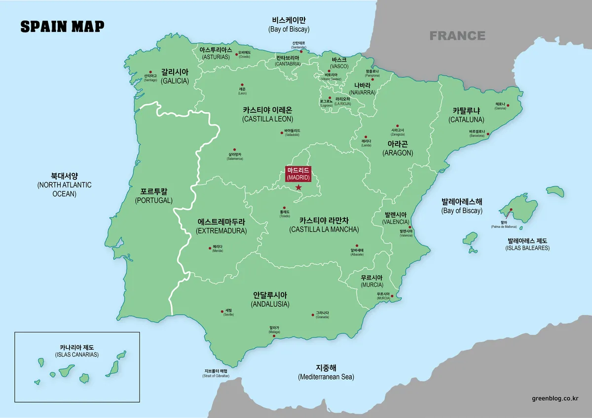스페인의 주요 지역과 도시가 표시된 색상 지도 이미지