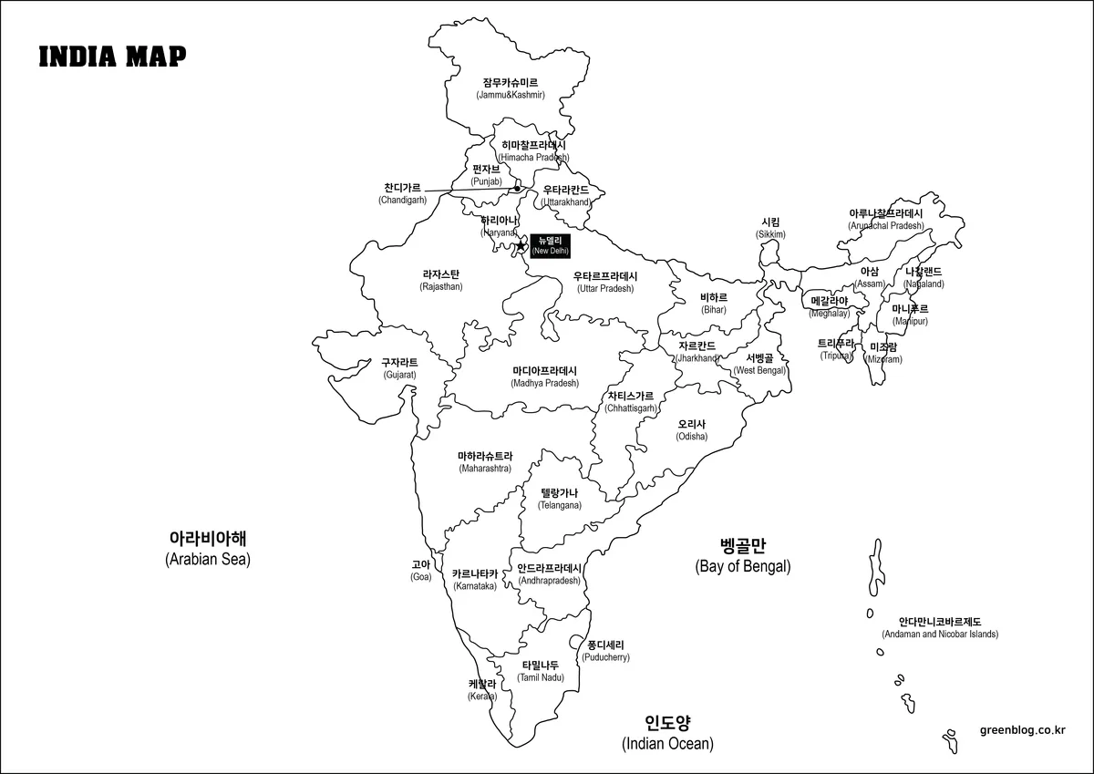 흑백 출력에 적합한 인도 행정 경계 지도 이미지