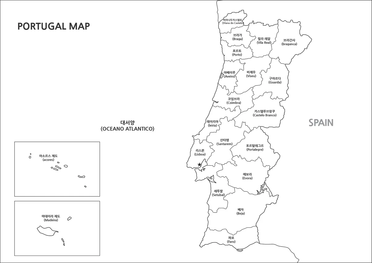 흑백 출력에 적합한 포르투갈 지역 경계 지도 이미지
