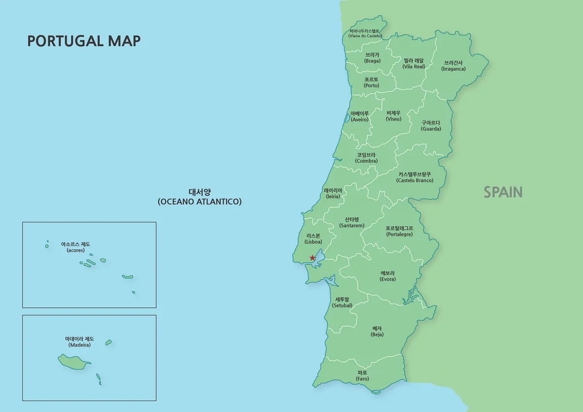 지역이 색상으로 구분된 포르투갈 지도 이미지