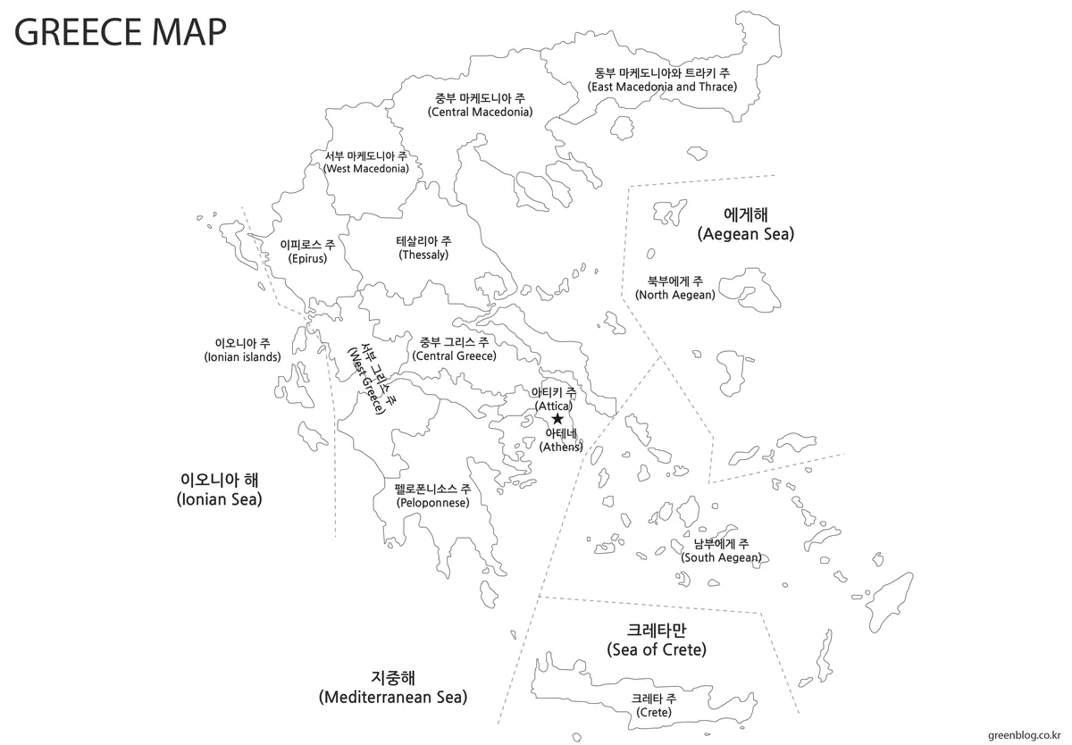 검은 선만 사용해 구성한 그리스 흑백 지도