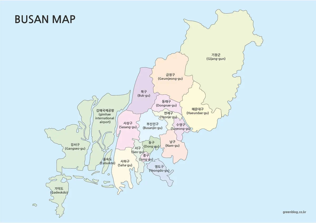 행정동을 색상으로 나눠 구조를 쉽게 확인할 수 있는 부산 지도