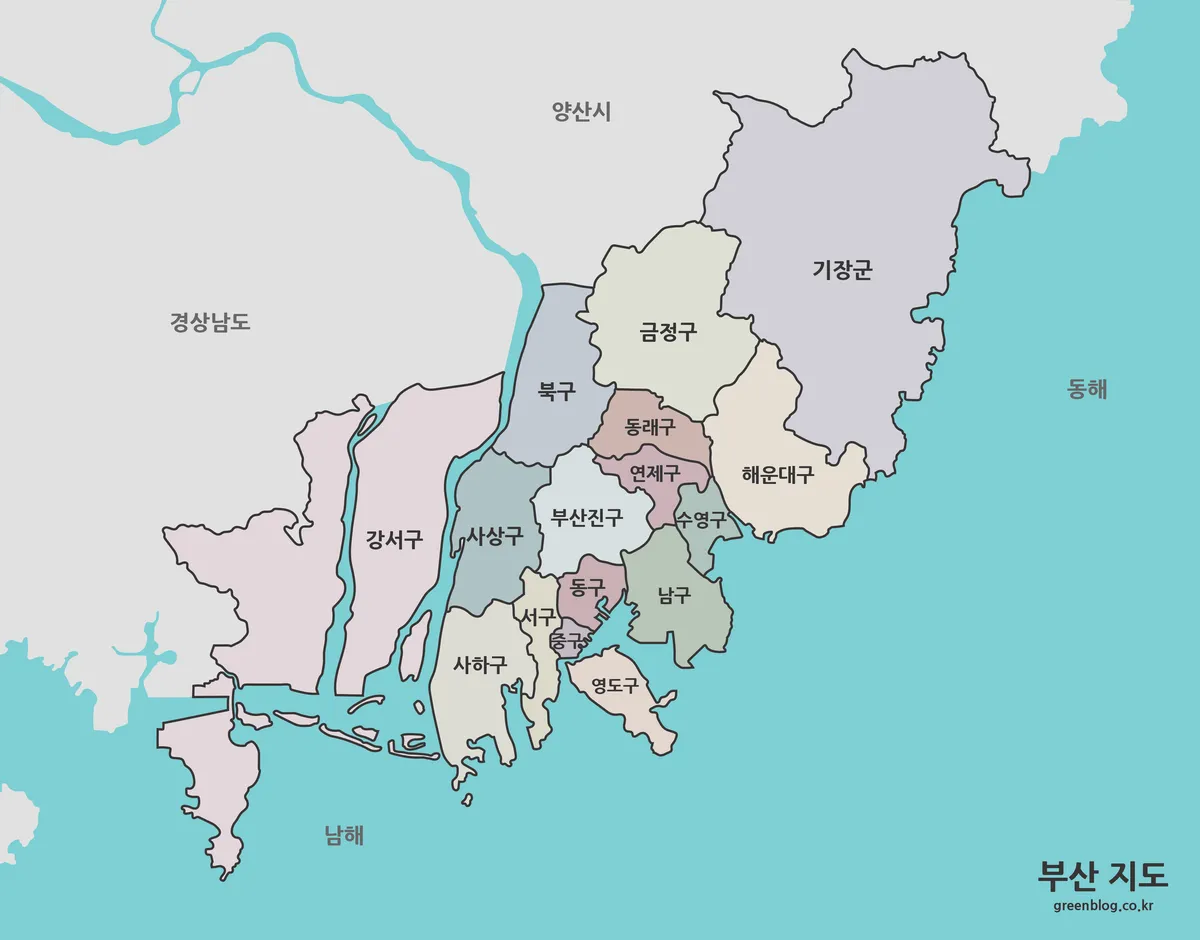 행정동 경계와 지역 명칭만 표시된 부산 지도