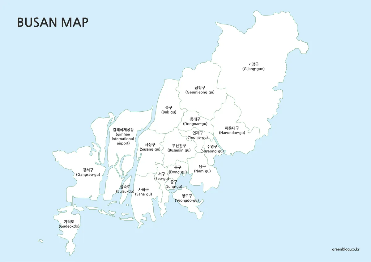 행정동 경계와 지역 명칭만 표시된 부산 지도