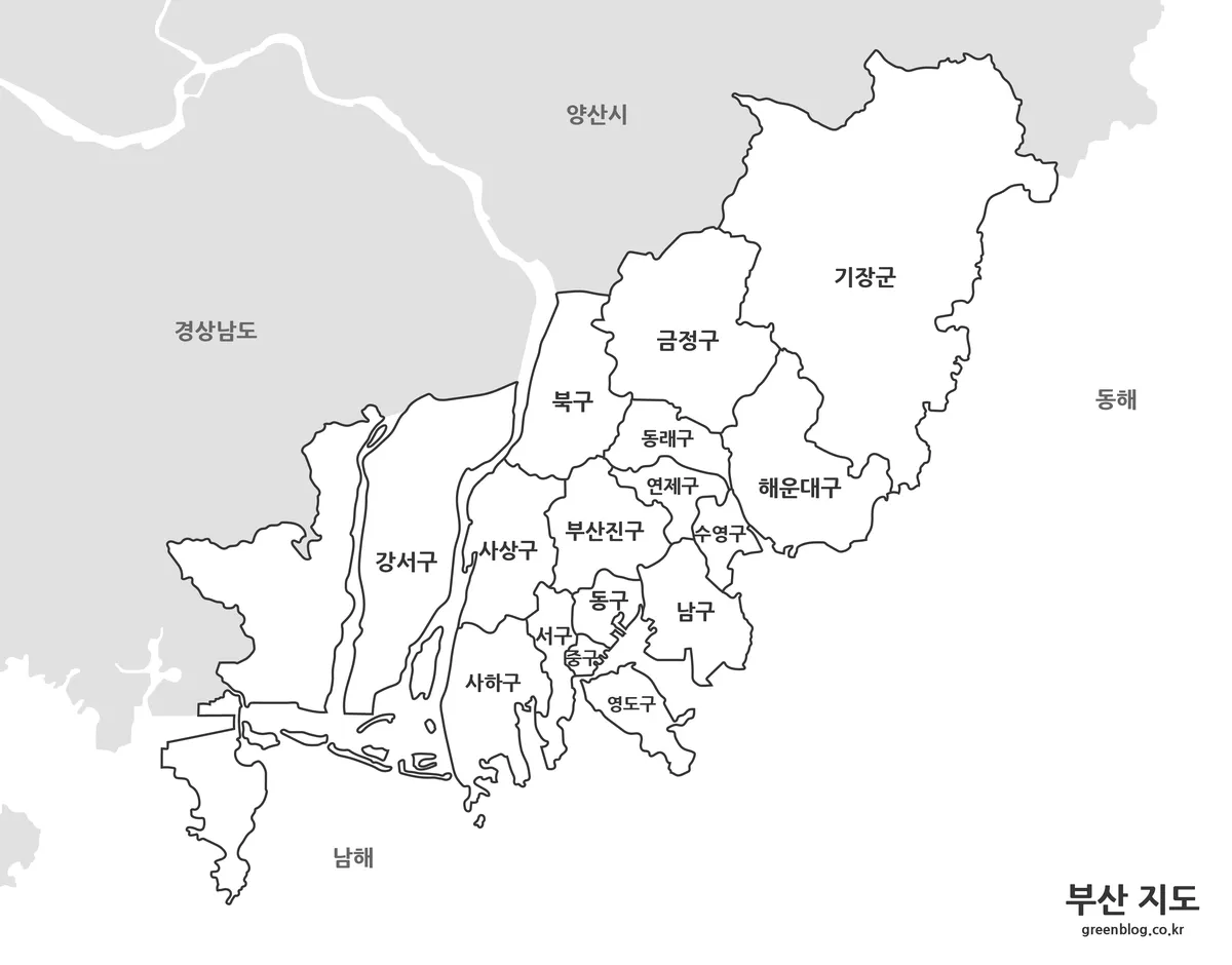 색상 없이 흑백 선으로 구성된 부산 지도