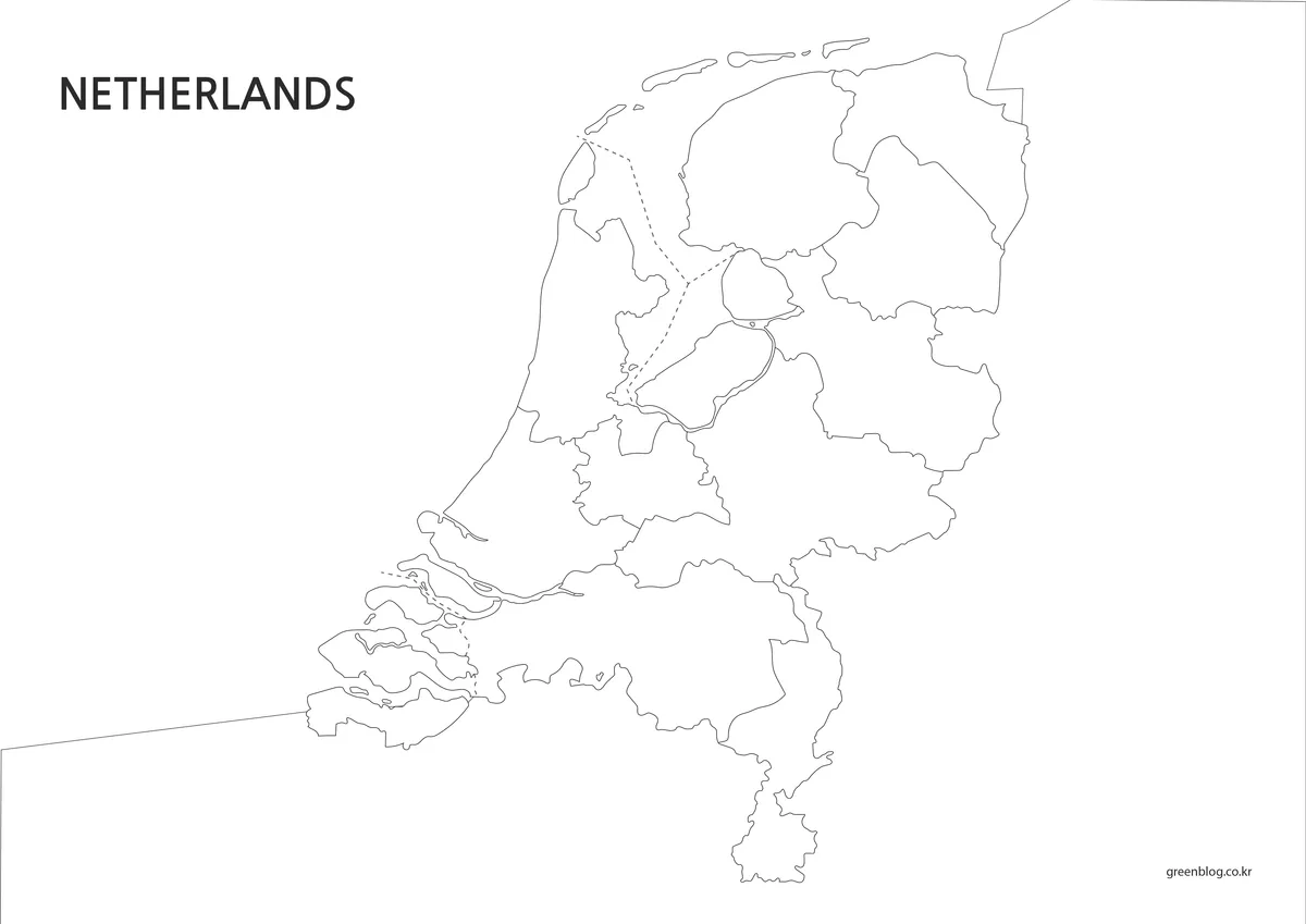 행정 구역 윤곽선만 표시된 네덜란드 지도 이미지