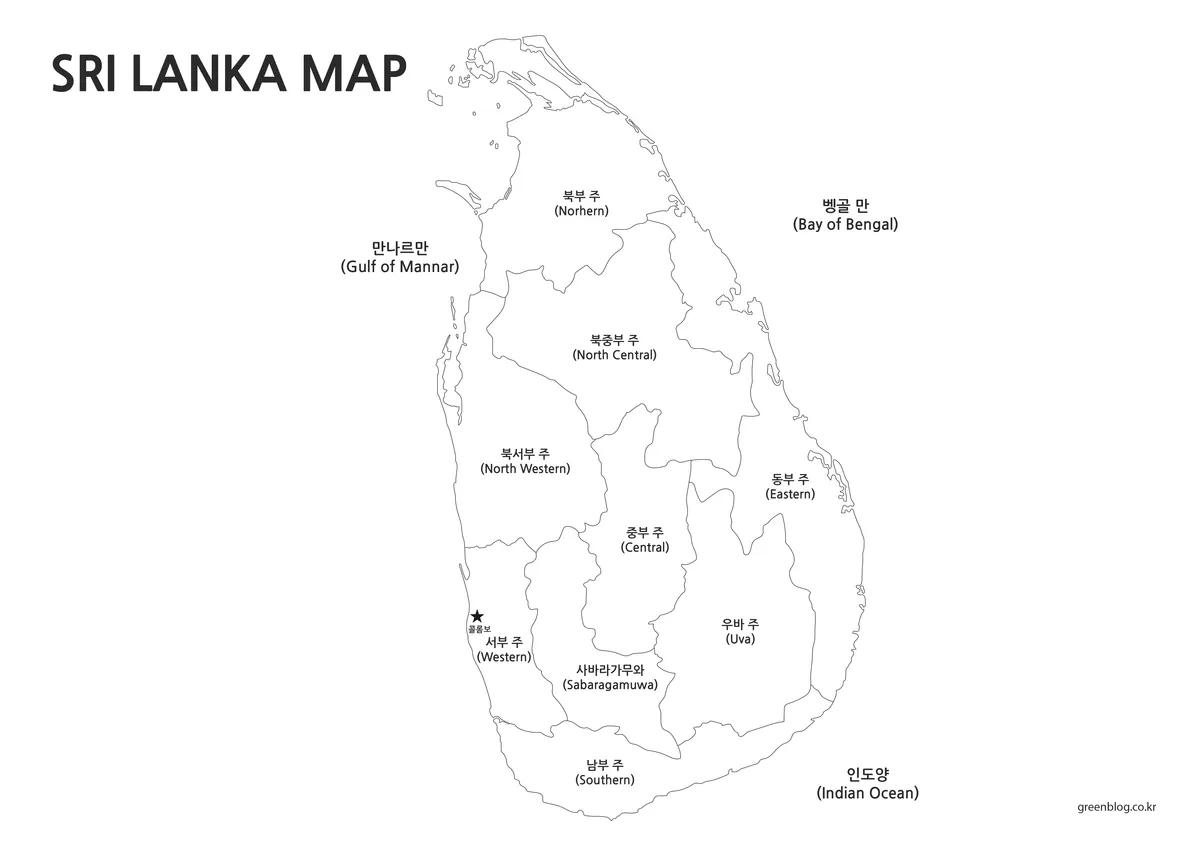 흑백 선으로만 구성된 스리랑카 지도 이미지