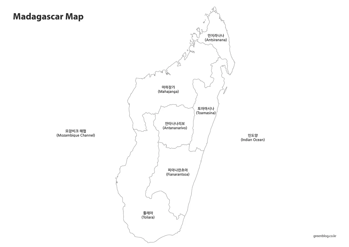 선과 텍스트만 구성된 마다가스카르 흑백 지도 이미지