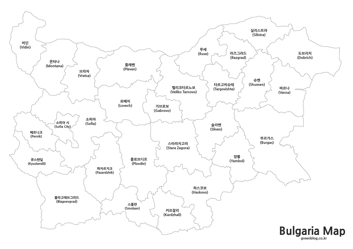 불가리아 세부 지역 구분 지도, 행정 구역 단위 표시