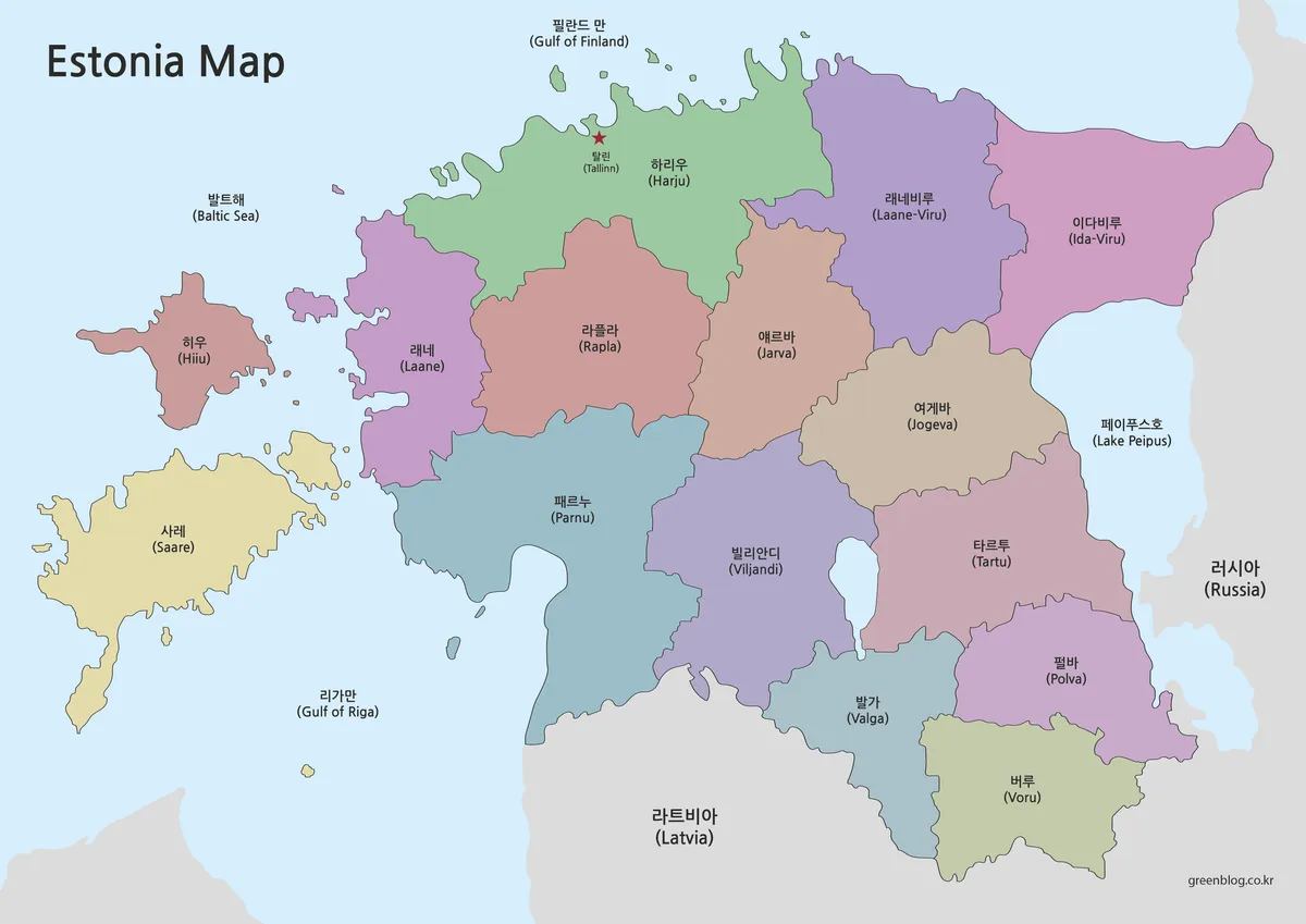 에스토니아 지역을 색상으로 구분하고 수도 탈린을 별 표시로 나타낸 지도 이미지