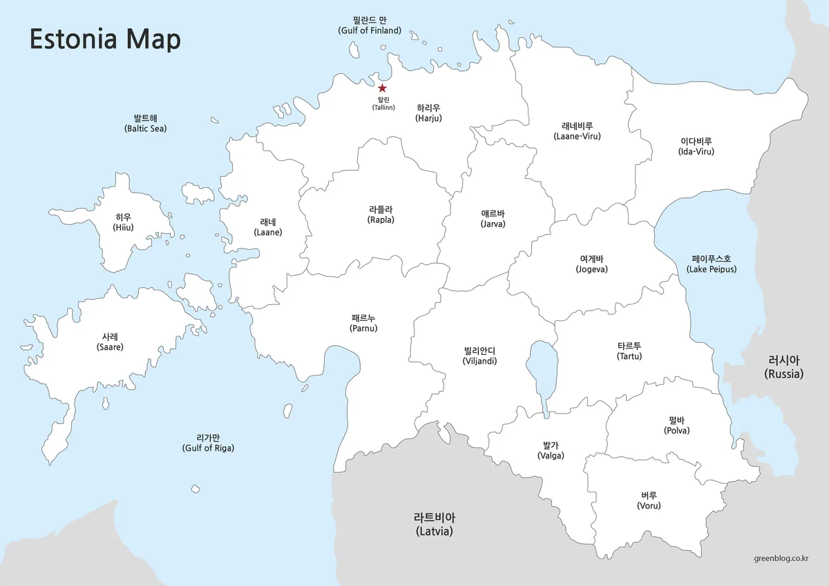색을 사용하지 않고 경계선과 지역 이름만 표시한 에스토니아 흑백 지도