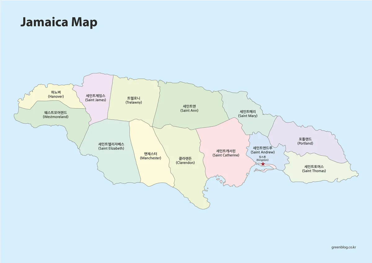 지역을 색상으로 구분한 자메이카 전체 지도