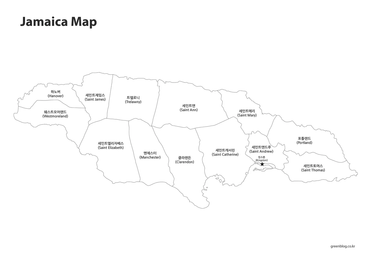 인쇄용으로 제작된 자메이카 흑백 지도