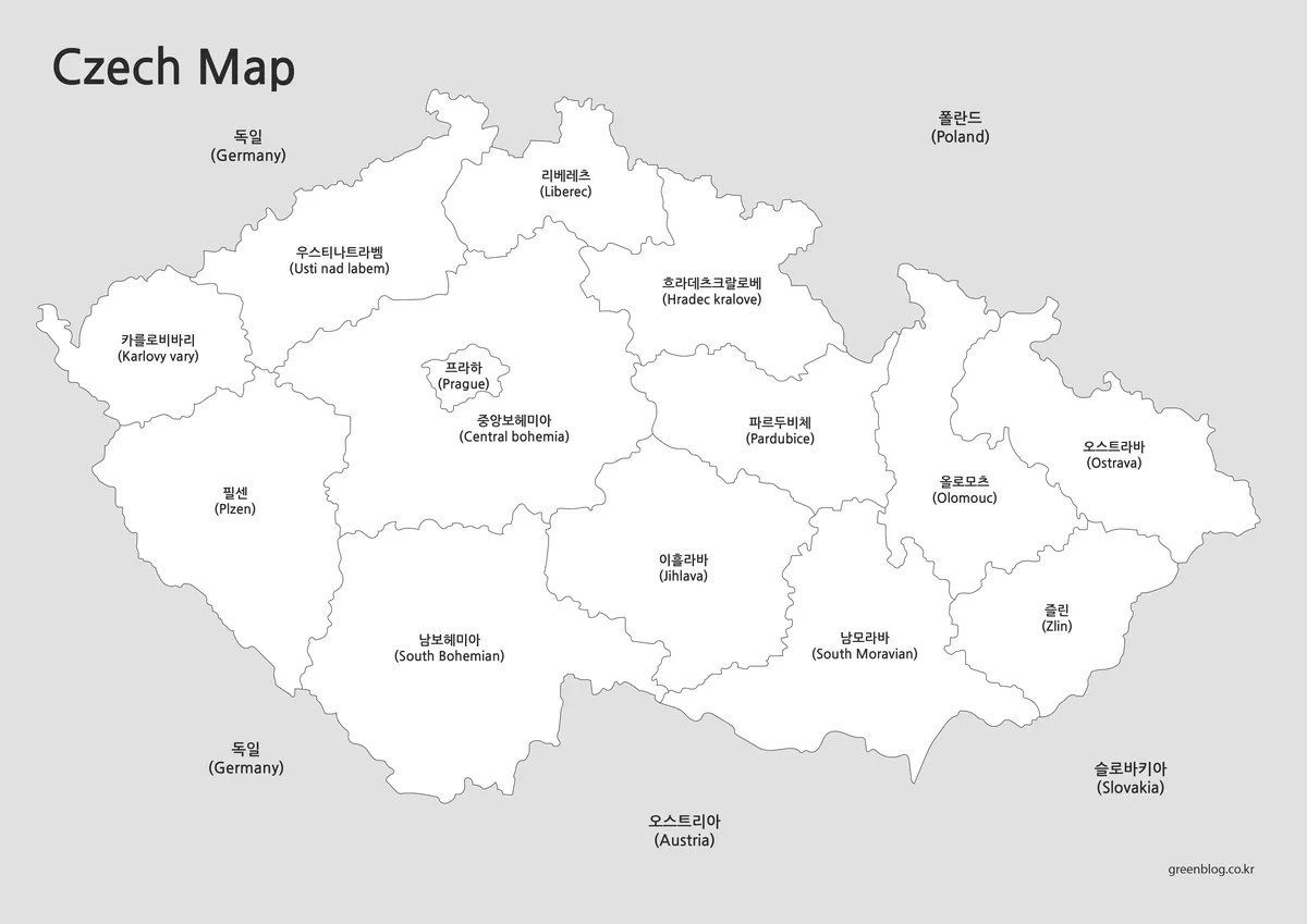 색상을 제거하고 경계선만 남긴 체코 흑백 지도 이미지