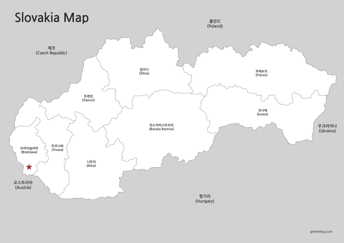 색상이 제거된 슬로바키아 흑백 지도, 지역 경계와 명칭만 표시