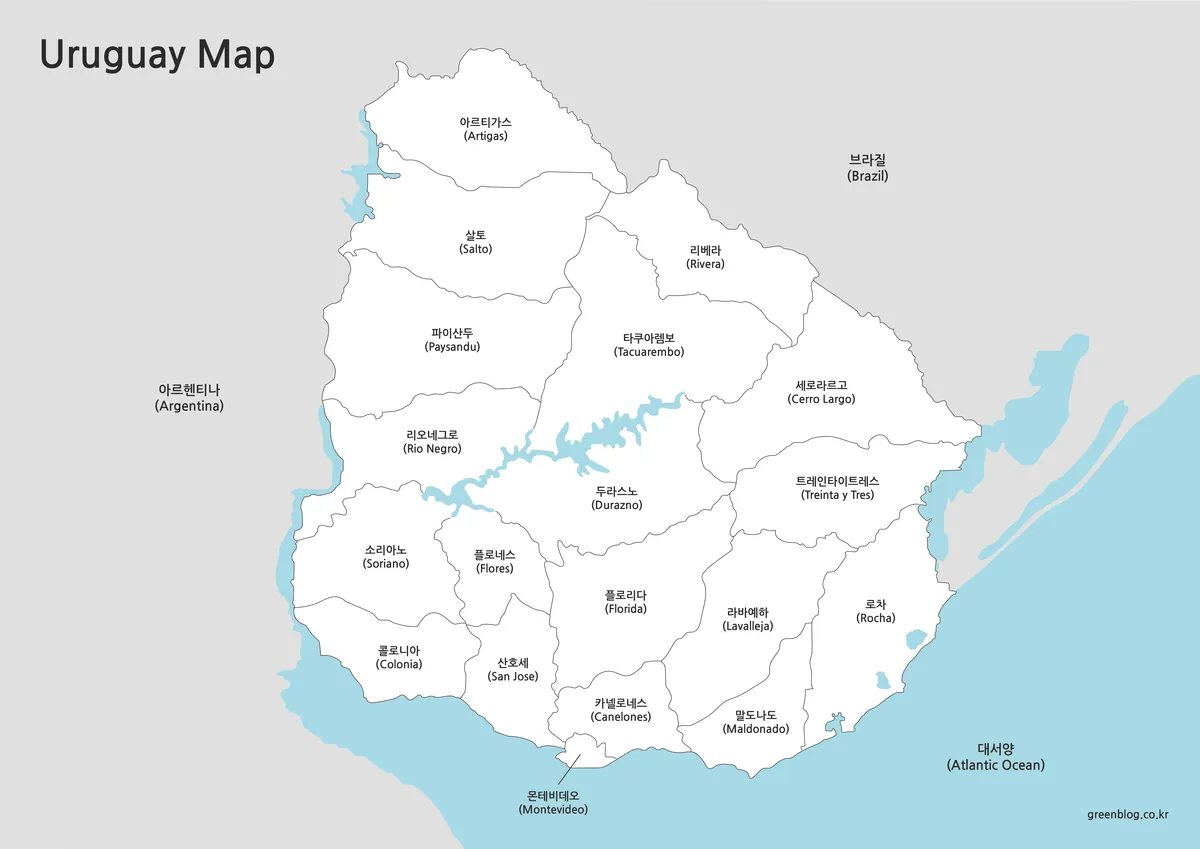 흰색 배경의 우루과이 흑백 지도, 인쇄용 A3 파일