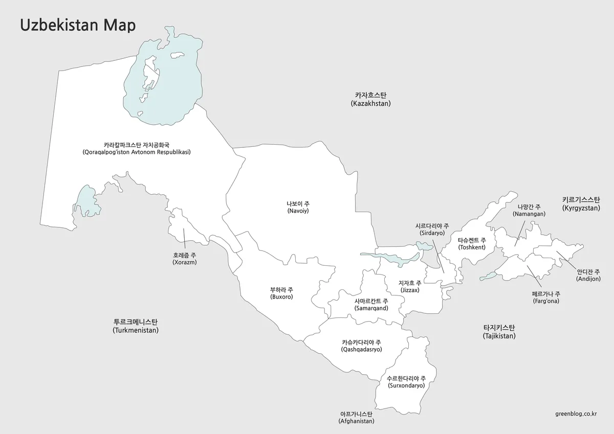 흰색 배경의 우즈베키스탄 흑백 지도, 인쇄용 A3 파일