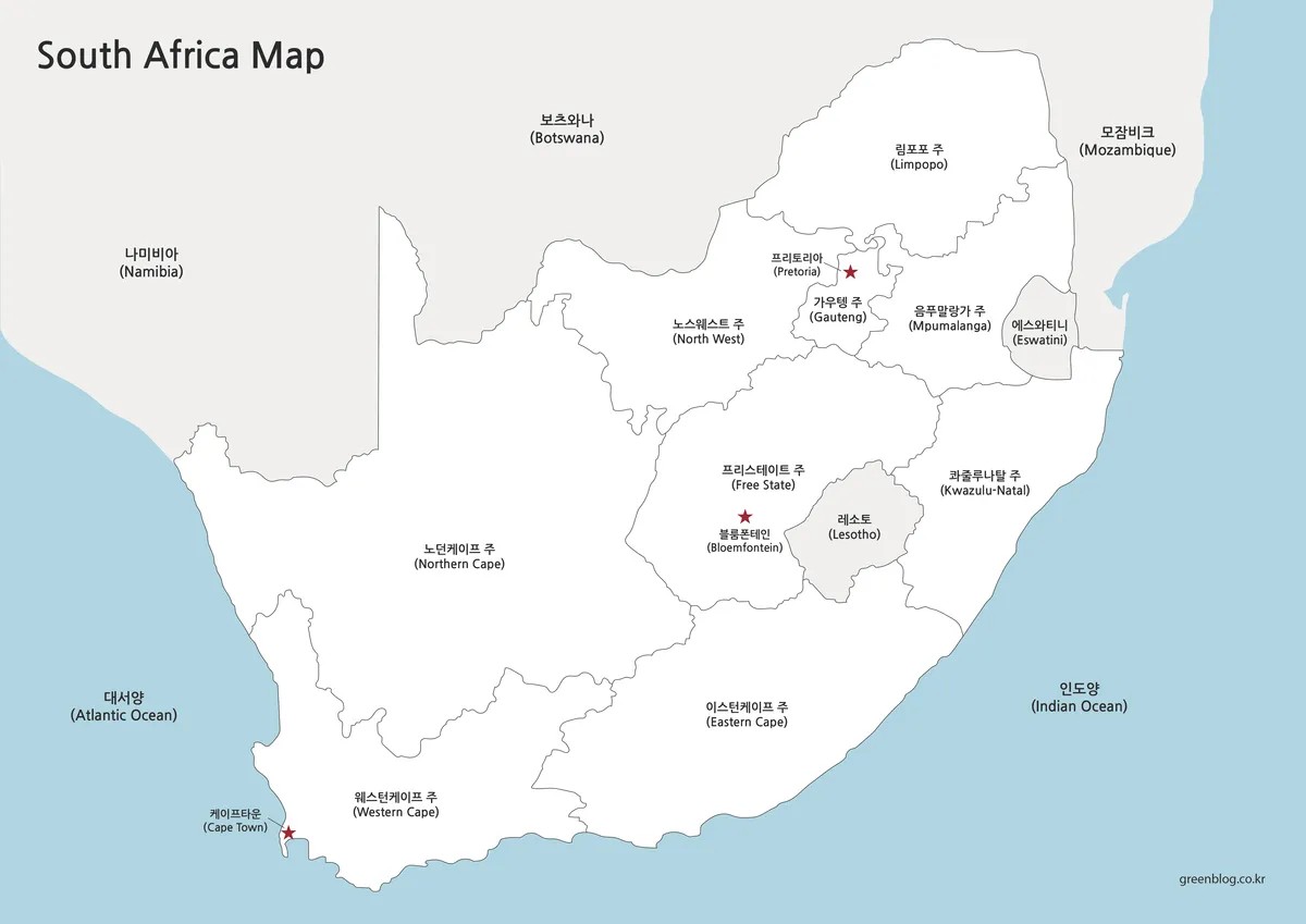 색상을 제거하고 경계선과 지명만 표시된 남아프리카 공화국 지도