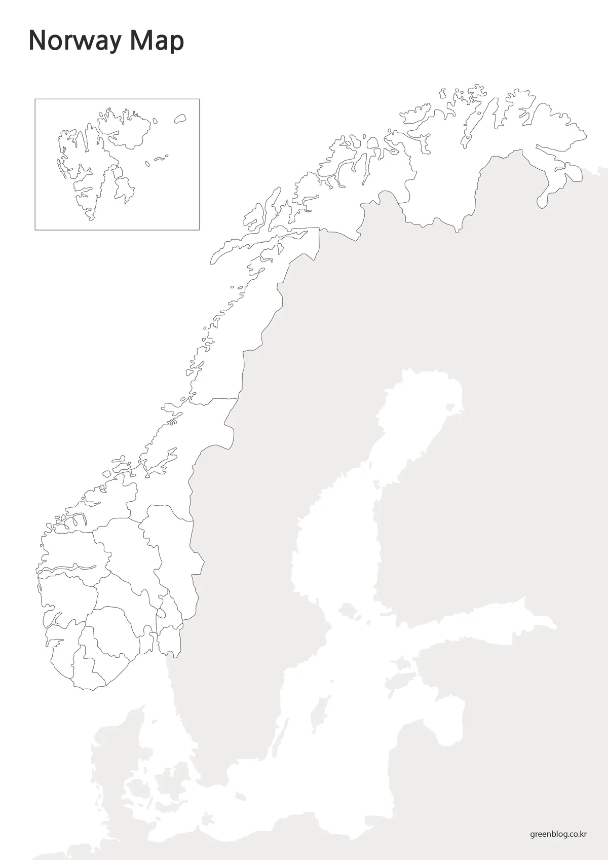 노르웨이 지도 윤곽선 버전 (편집용 지도)