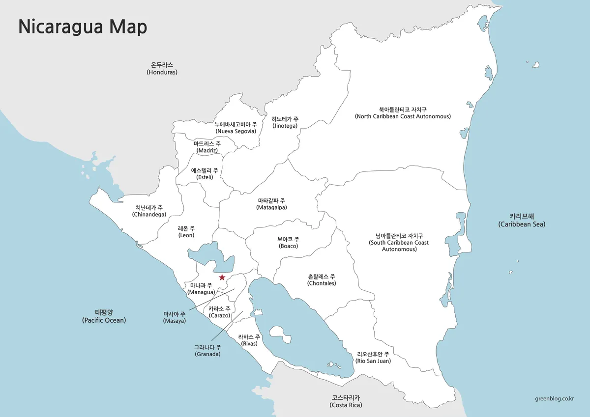 색상을 제거하고 경계선과 지명만 표시된 니카라과 기본 지도