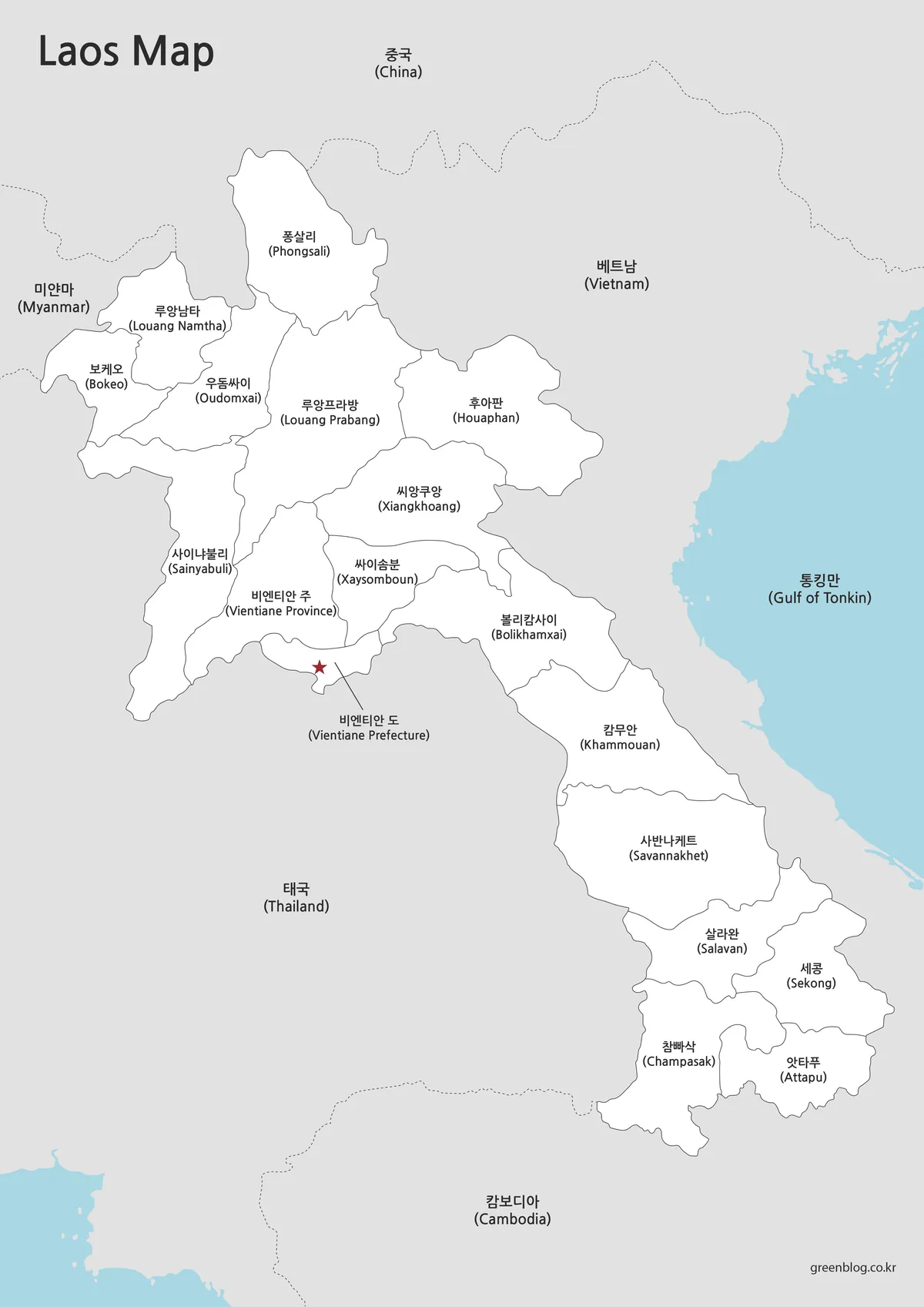 라오스 흑백 지도 인쇄용 이미지