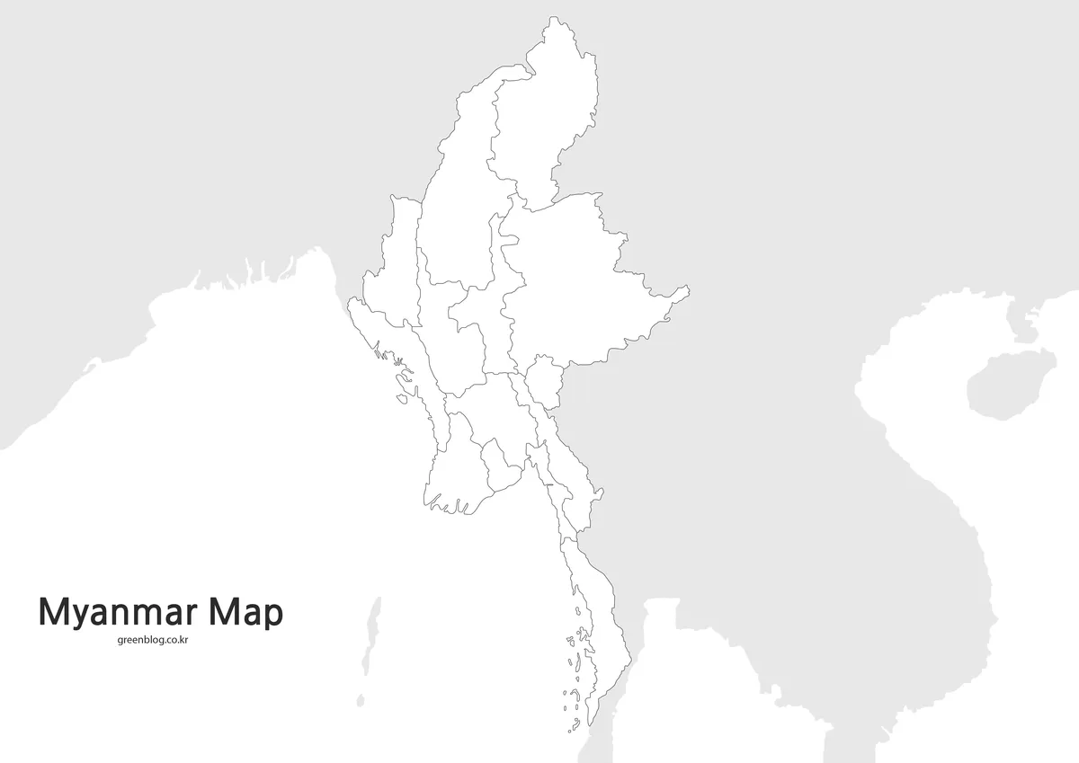 색상과 텍스트가 제거된 미얀마 윤곽선 지도