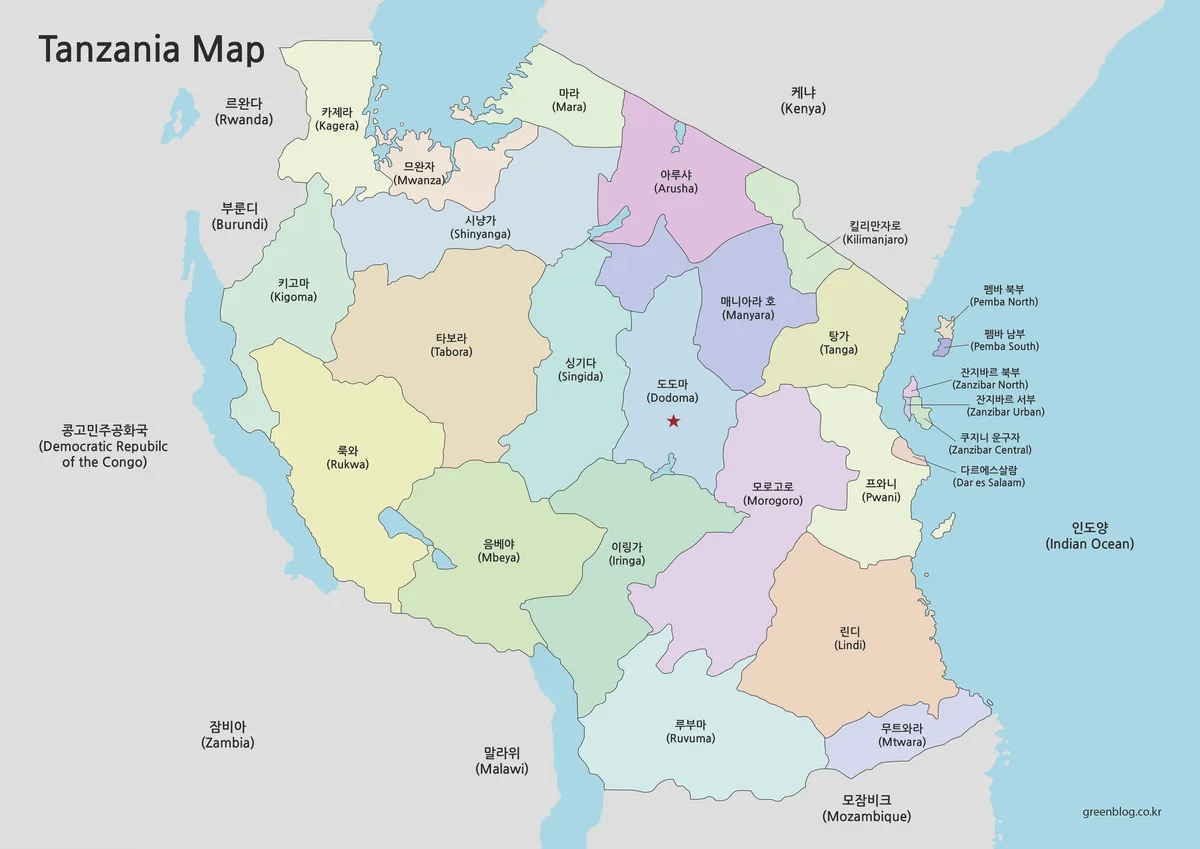 주별 색상 구분이 적용된 탄자니아 지도 이미지와 수도 도도마 표시