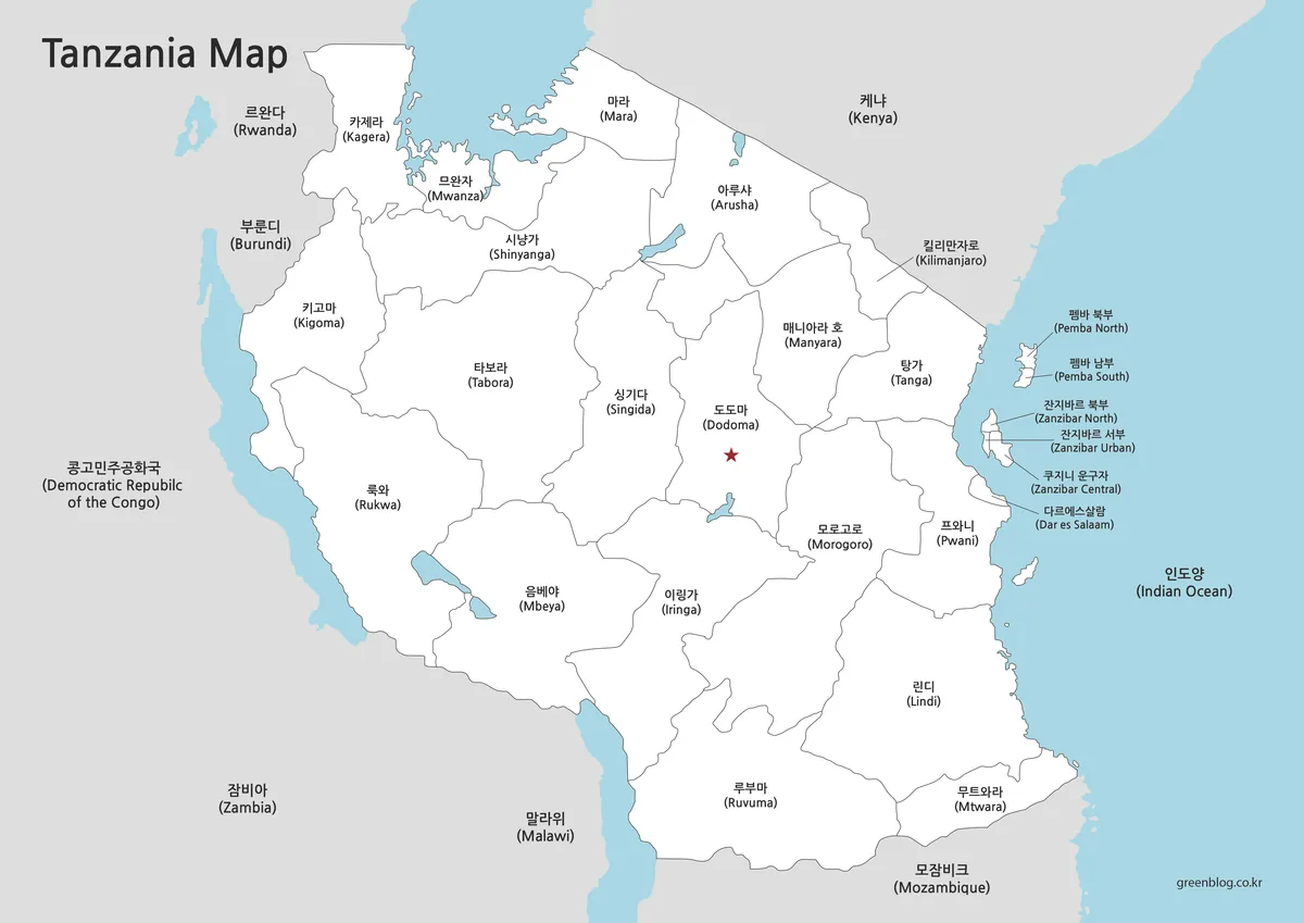 색상을 제거하고 경계선과 지명만 표시된 탄자니아 지도