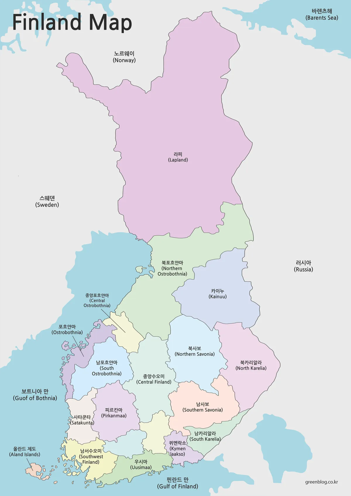 핀란드 지도 색상 행정 구역 지도