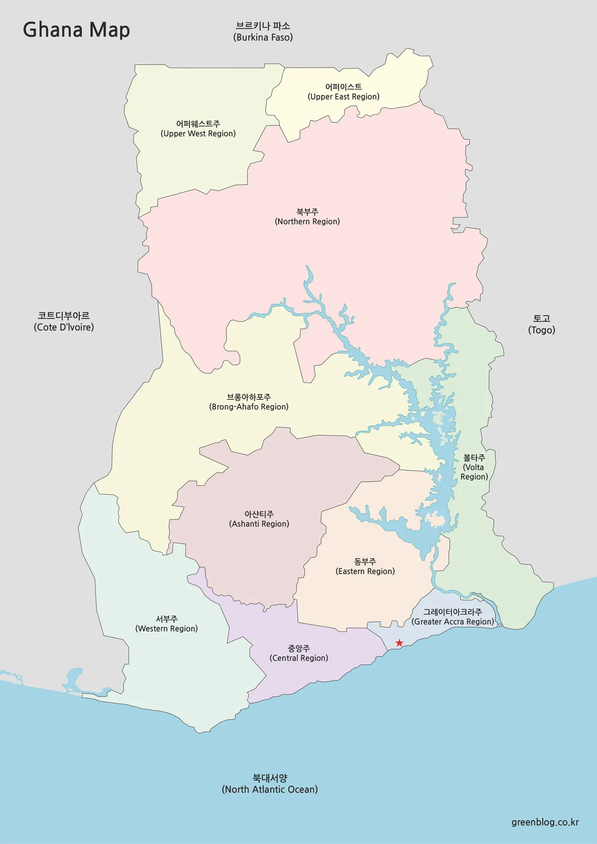 지역이 색상으로 구분되고 아크라와 볼타호가 표시된 가나 지도