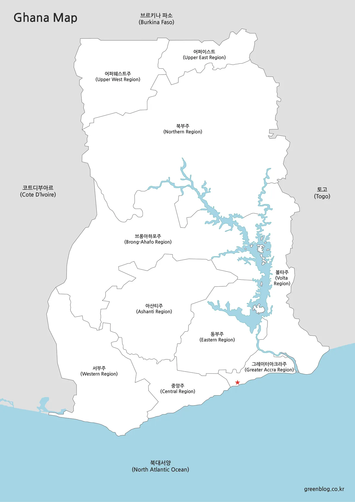 색상이 제거되고 경계선과 지명만 표시된 가나 지도