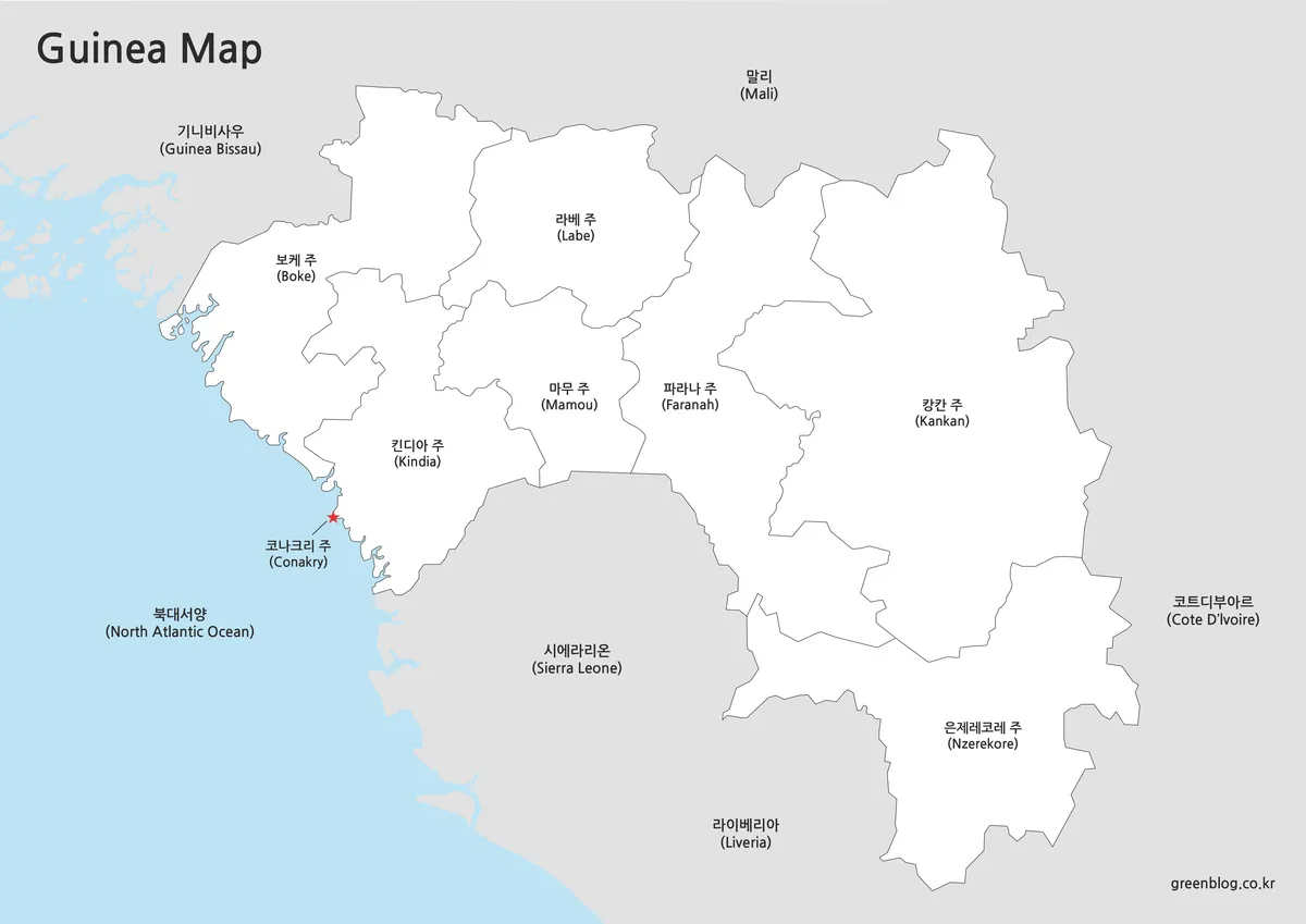 흰색 배경에 지역 이름이 표시된 기니 지도