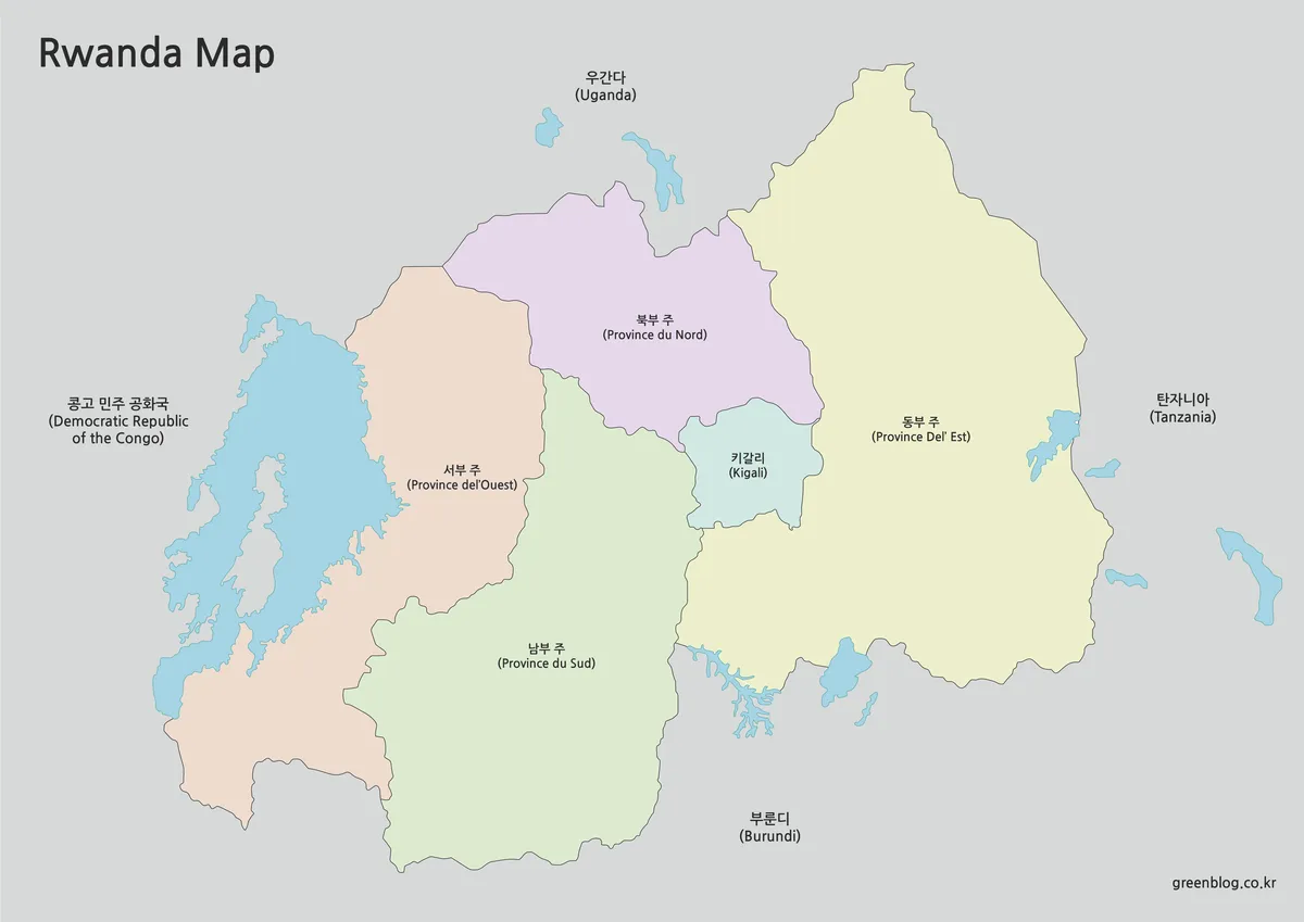 4개 주가 색상으로 구분되고 키갈리가 표시된 르완다 지도