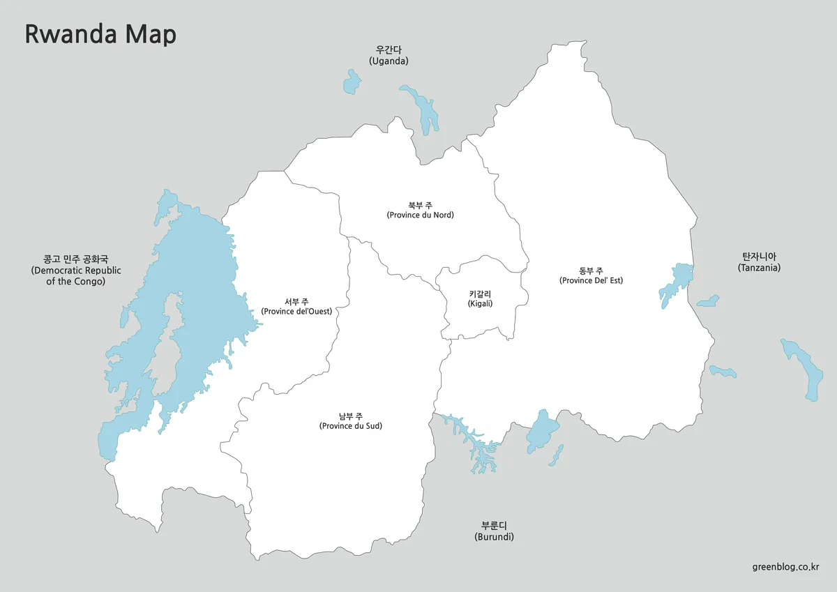 색상이 제거되고 경계와 지명만 표시된 르완다 지도