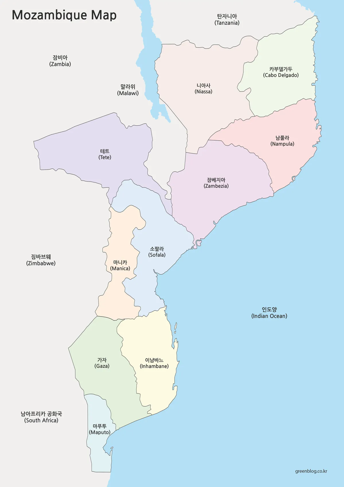 모잠비크 색상 지도 주 단위 구분과 수도 마푸투 표시 이미지