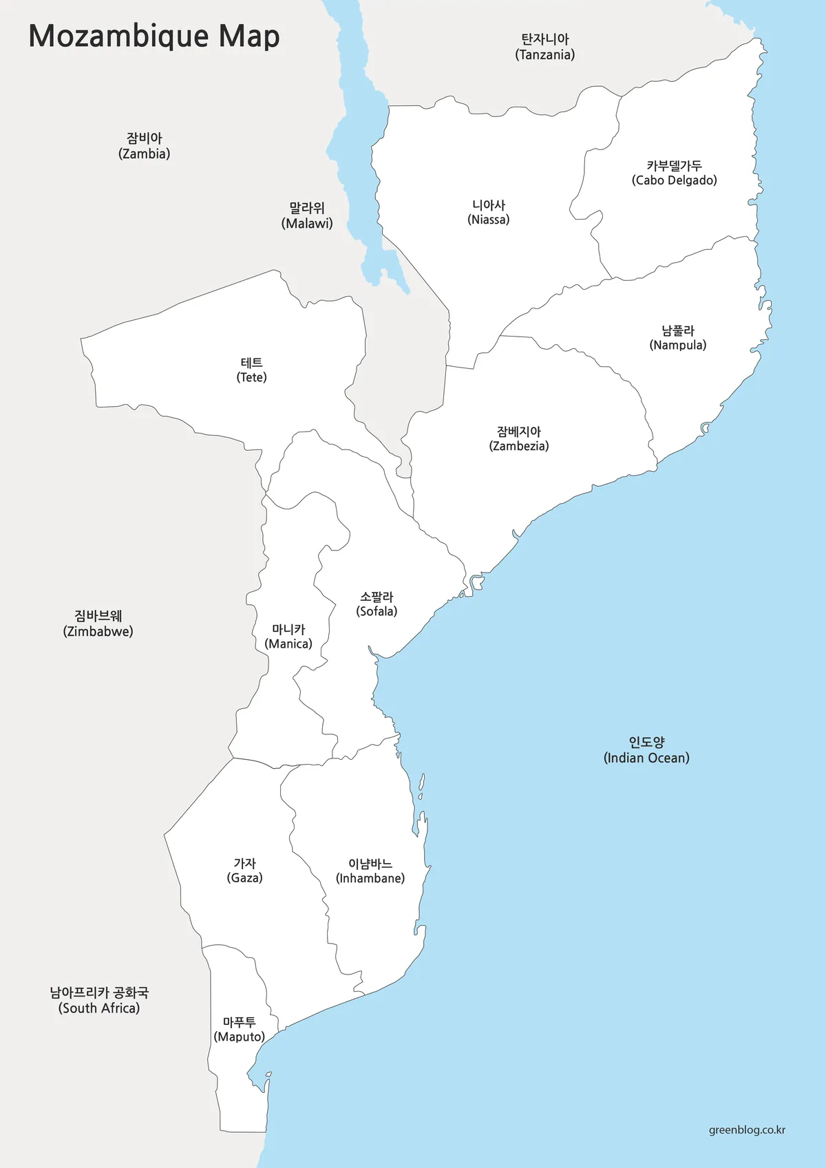 모잠비크 기본 지도 흰색 배경 지명과 경계 표시 이미지