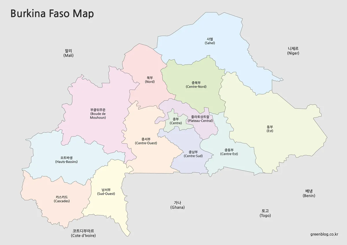 부르키나 파소 주별 색상 구분 지도