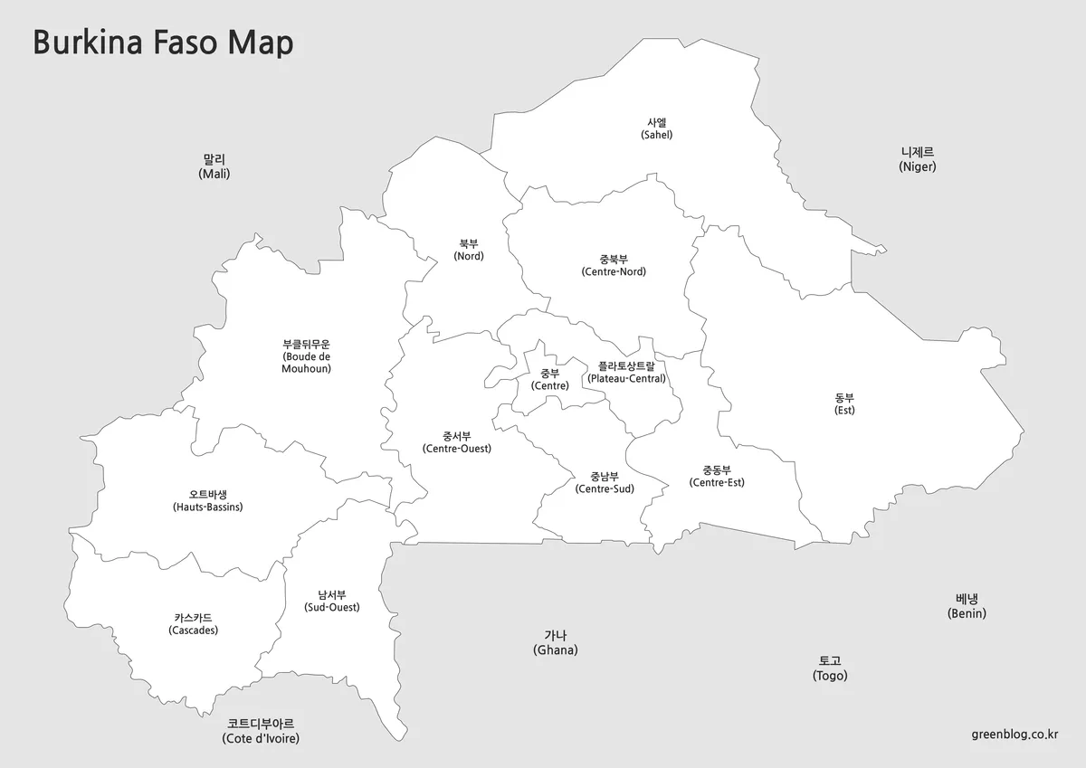 흑백 기반의 부르키나 파소 행정 지도