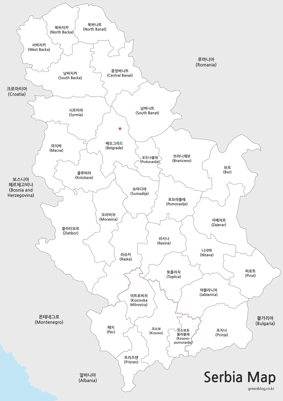 색상이 제거되고 경계선과 지명만 표시된 세르비아 지도
