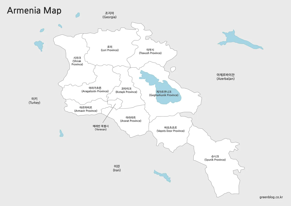 색상이 제거되고 경계선과 지명만 표시된 아르메니아 지도