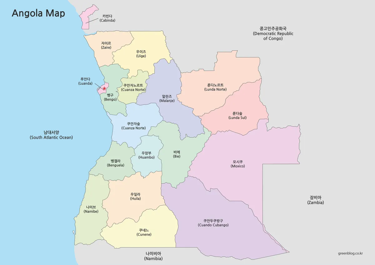 앙골라 지도 색상 행정구역 구분 수도 루안다 표시 이미지